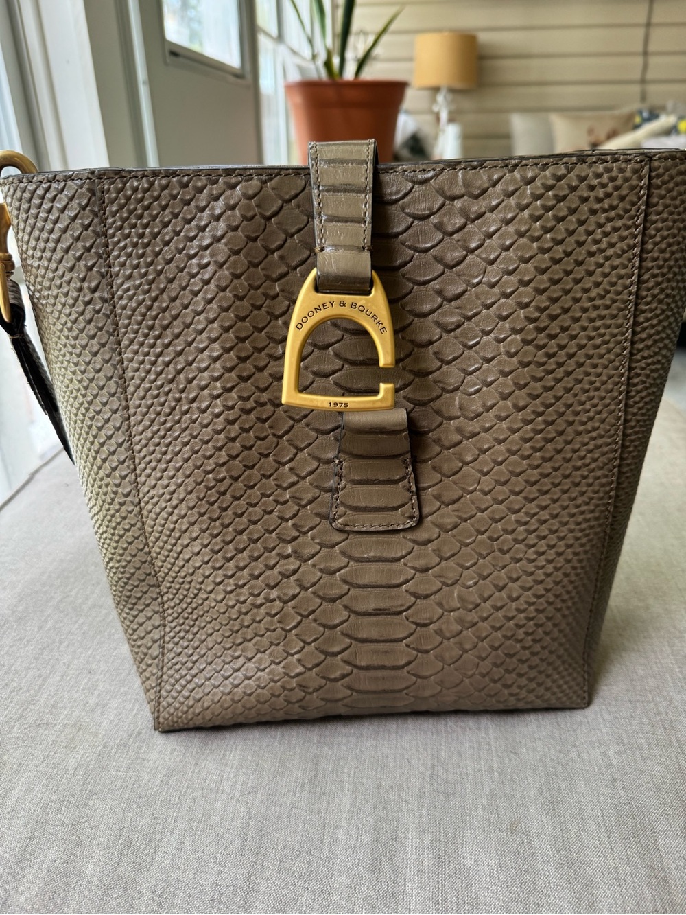 Dooney & Bourke Taupe Snake-Embossed Leather Bucket Bag